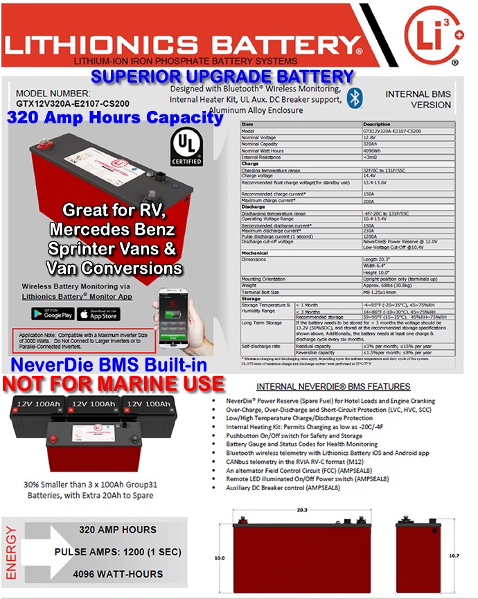 Click here for a larger image of this 12 Volt 320 Amp hour Lithionics high performance lithium-ion battery